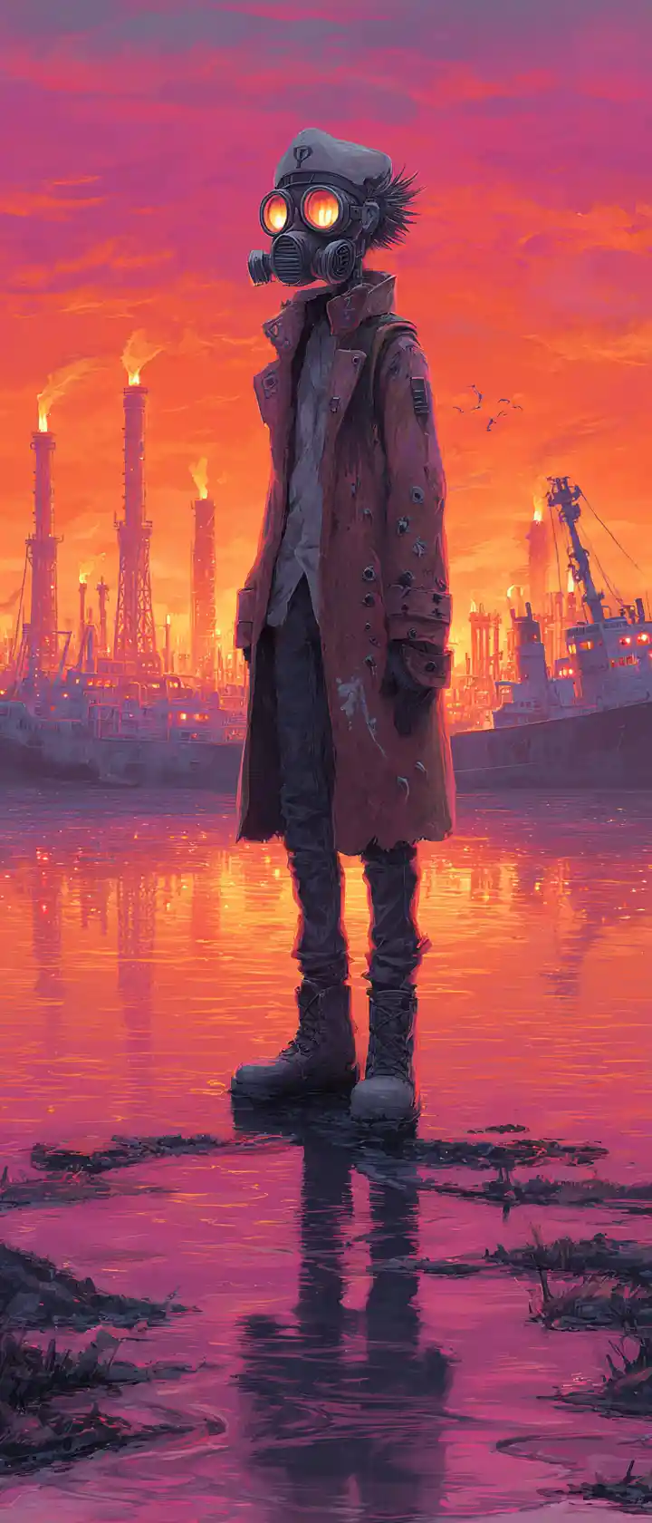 Anime survivor in gas mask on ruined oil tanker