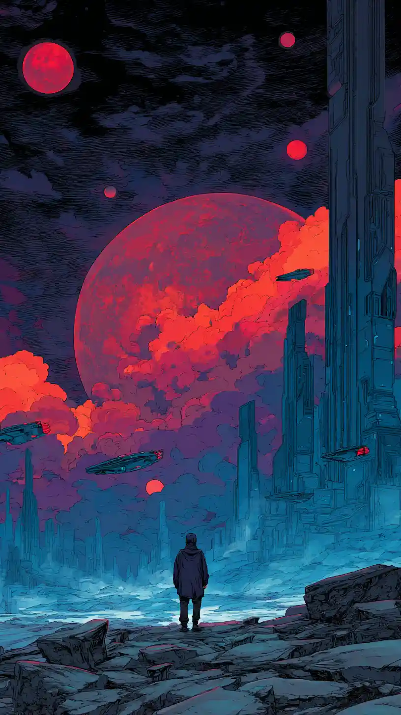 Einsame Gestalt vor futuristischer Stadt unter riesigem roten Mond