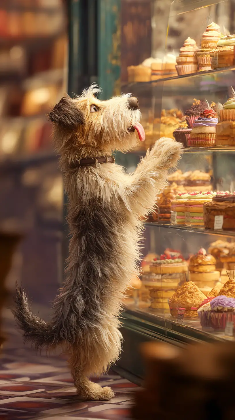 居心地のいいベーカリーでケーキを見つめるボサボサ犬
