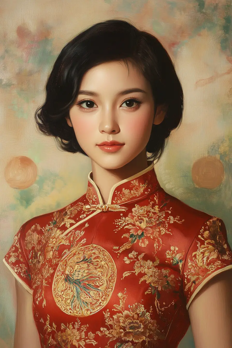 Ölporträt einer jungen asiatischen Frau im roten Qipao