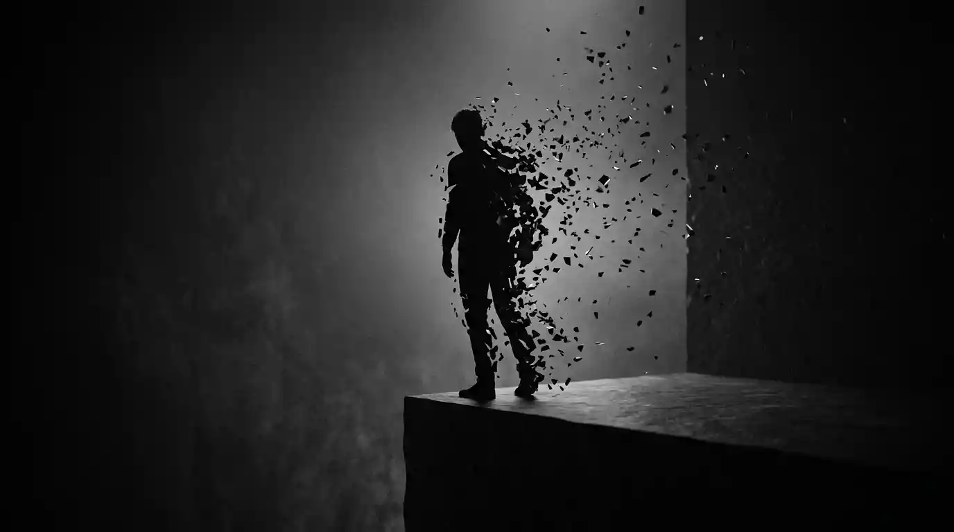 Silhouette of a lone figure at the edge of darkness