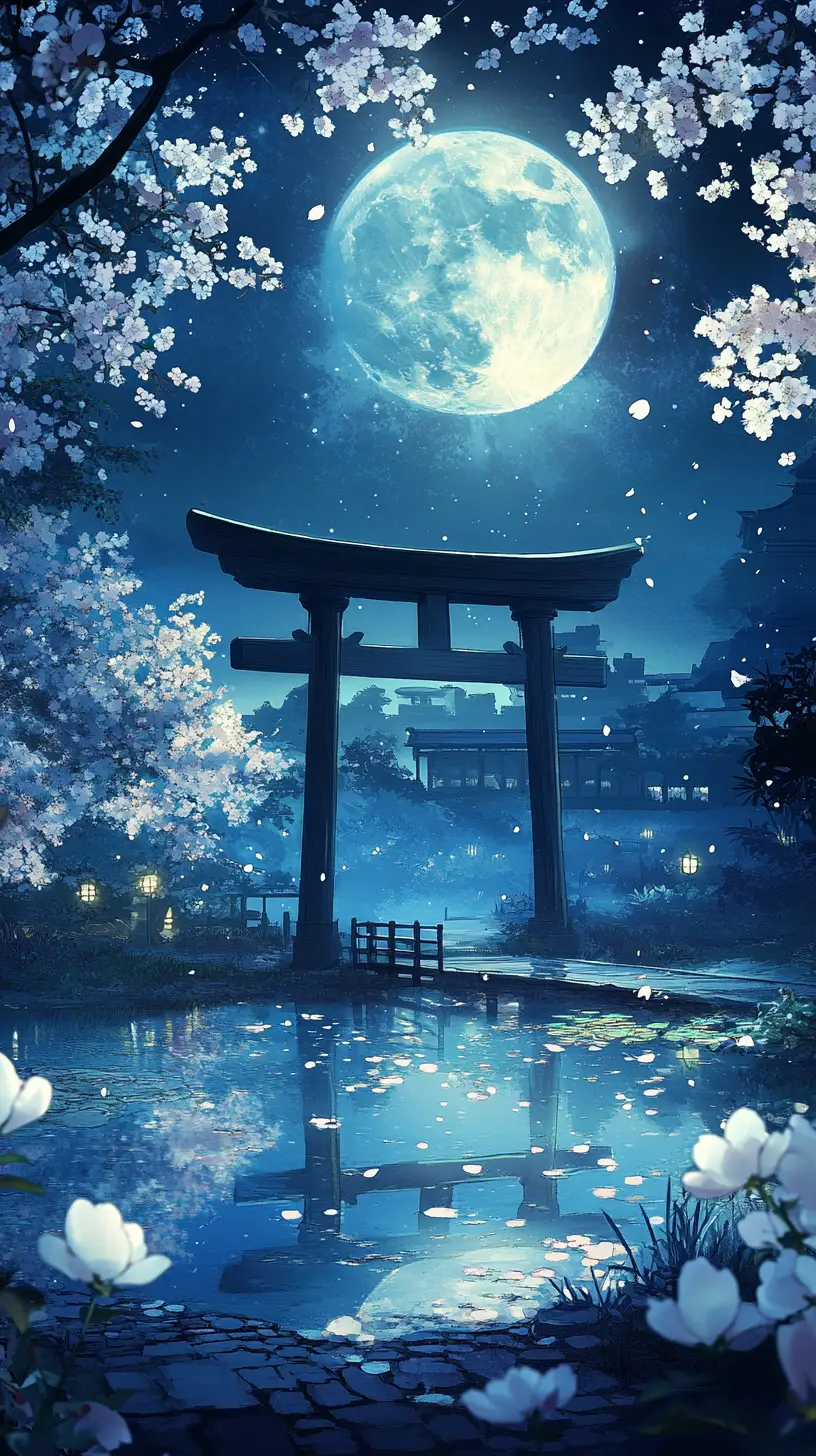 皎潔滿月下的靜謐日式庭園