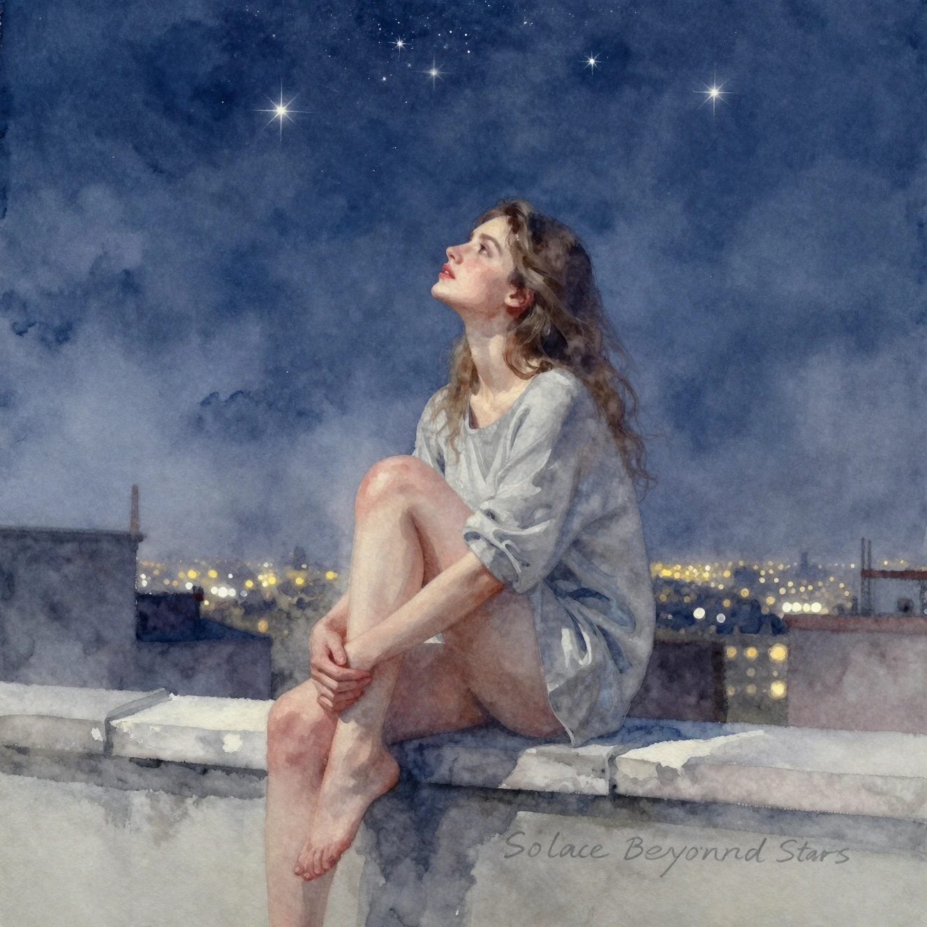 Young woman on a rooftop beneath a tranquil starry sky