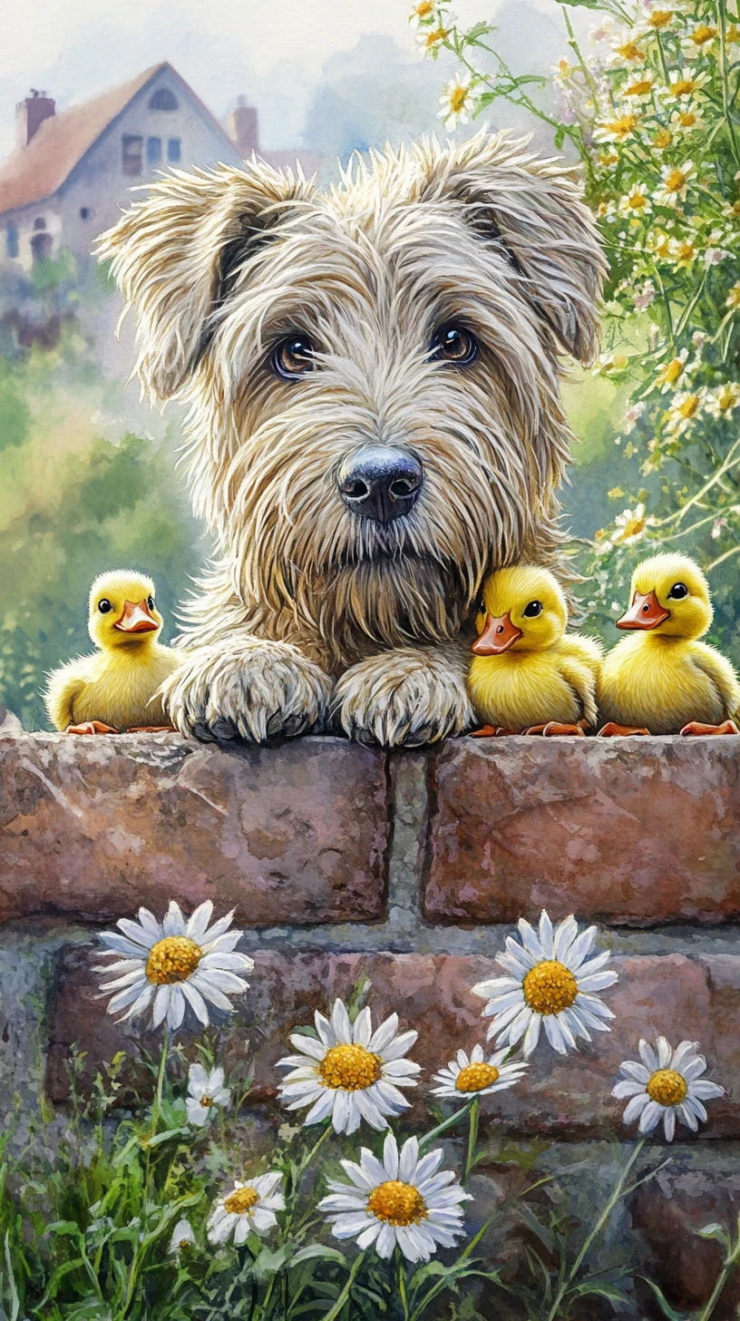 Cão peludo e patinhos sobre muro de tijolos no jardim