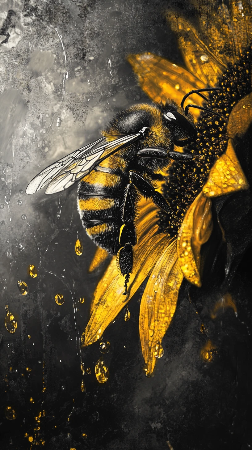 Macro charcoal bee on sunflower petal in the rain