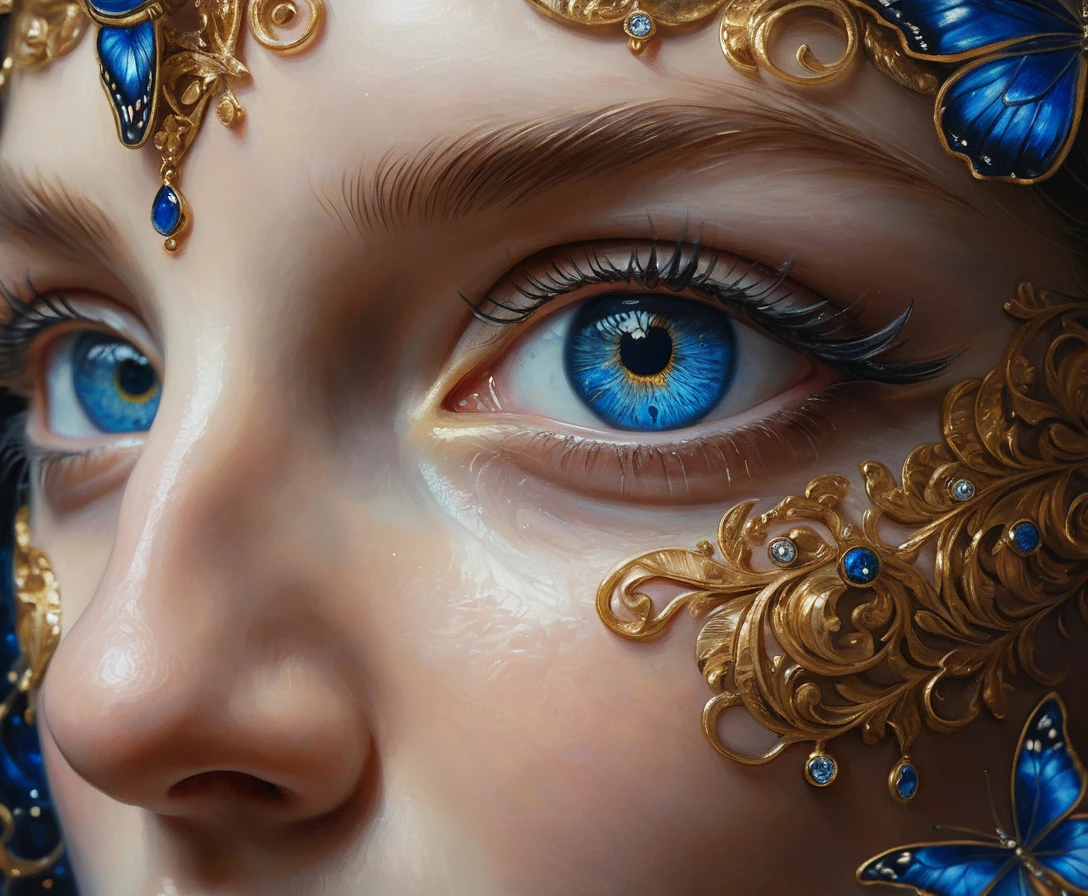 Pintura a óleo em close de olhos cósmicos azul safira