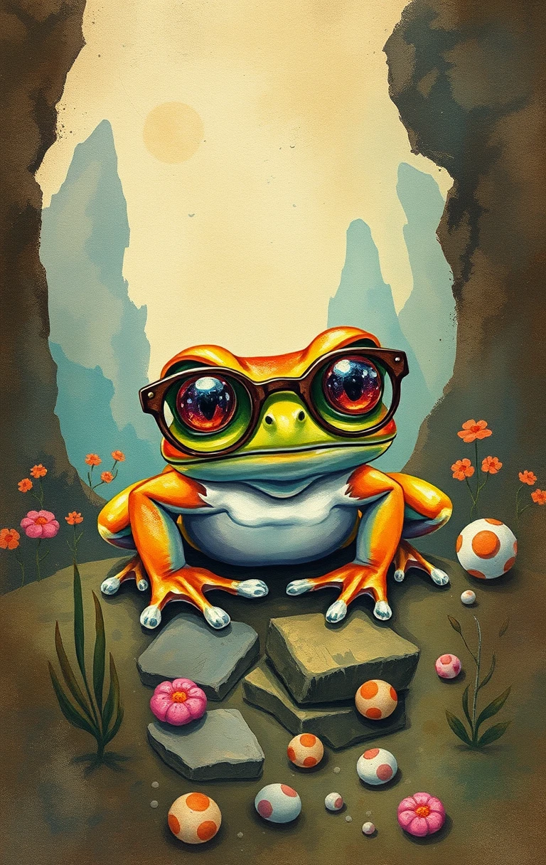 Sapo Lúdico em Aquarela com Óculos em Paisagem Fantástica