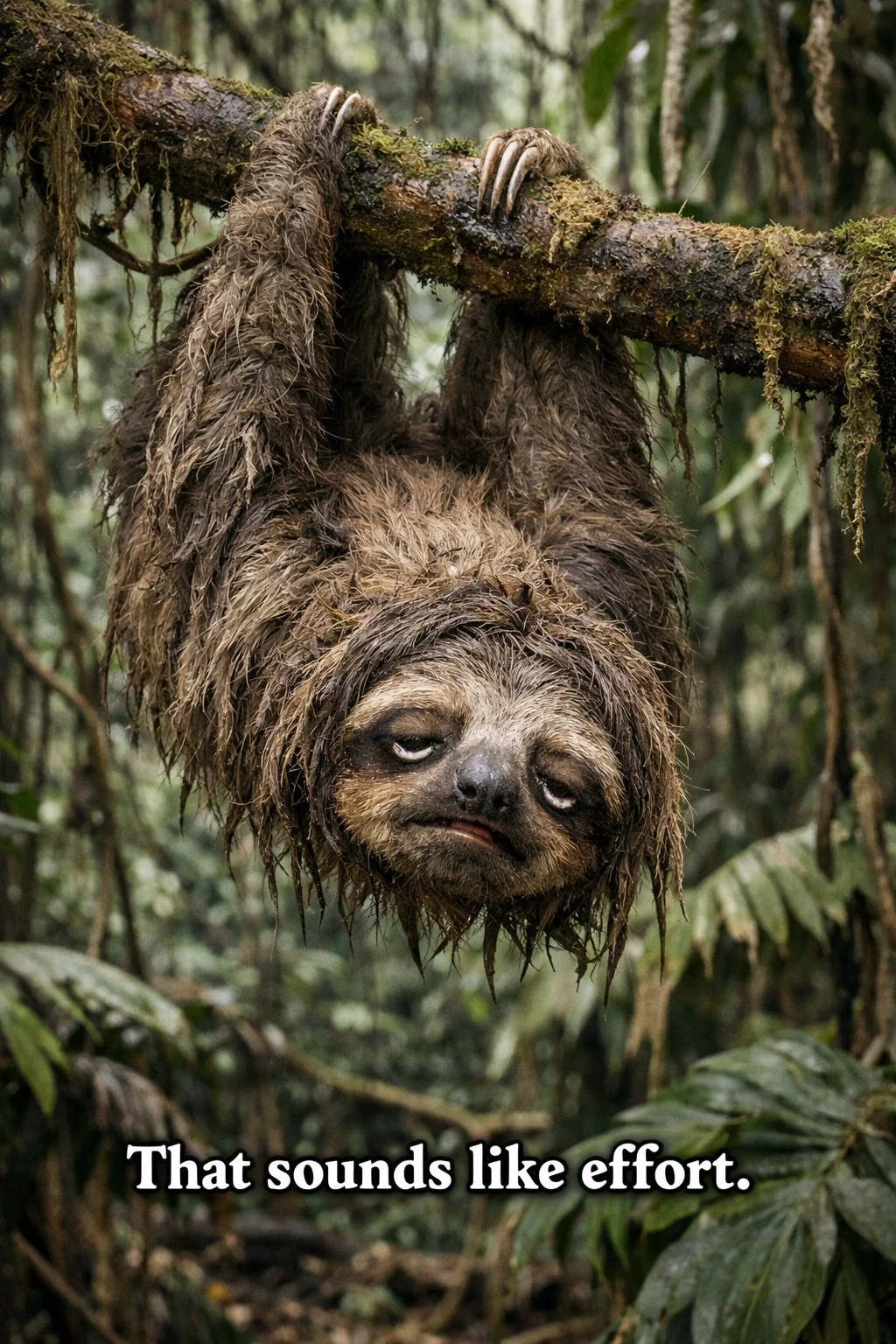 野生のジャングルで逆さにぶら下がる疲れ切ったナマケモノ