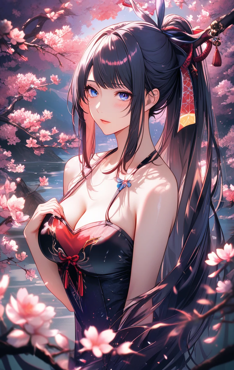 Anime woman drawing a sword amid cherry blossom branches
