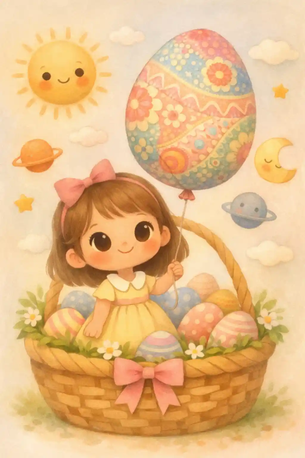 Adorable fille avec ballon œuf de Pâques dans une scène de chambre d’enfant féerique