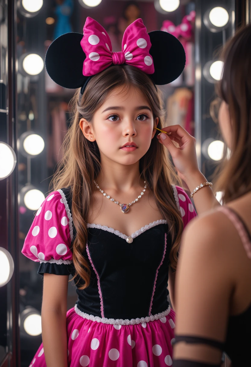 ミニーのドレスを着て緊張しながら鏡を見つめる少年