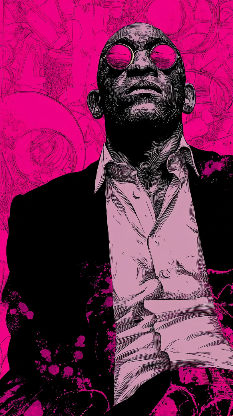 Hombre serio con gafas rosas frente a un fondo fucsia neón