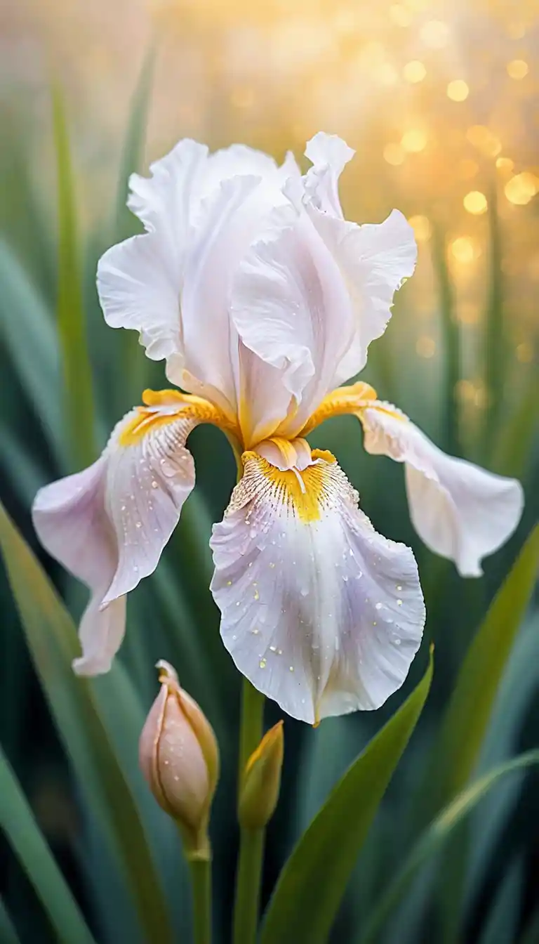 Aquarelle d’Iris Blanc avec Feuille d’Or dans la Lumière du Matin