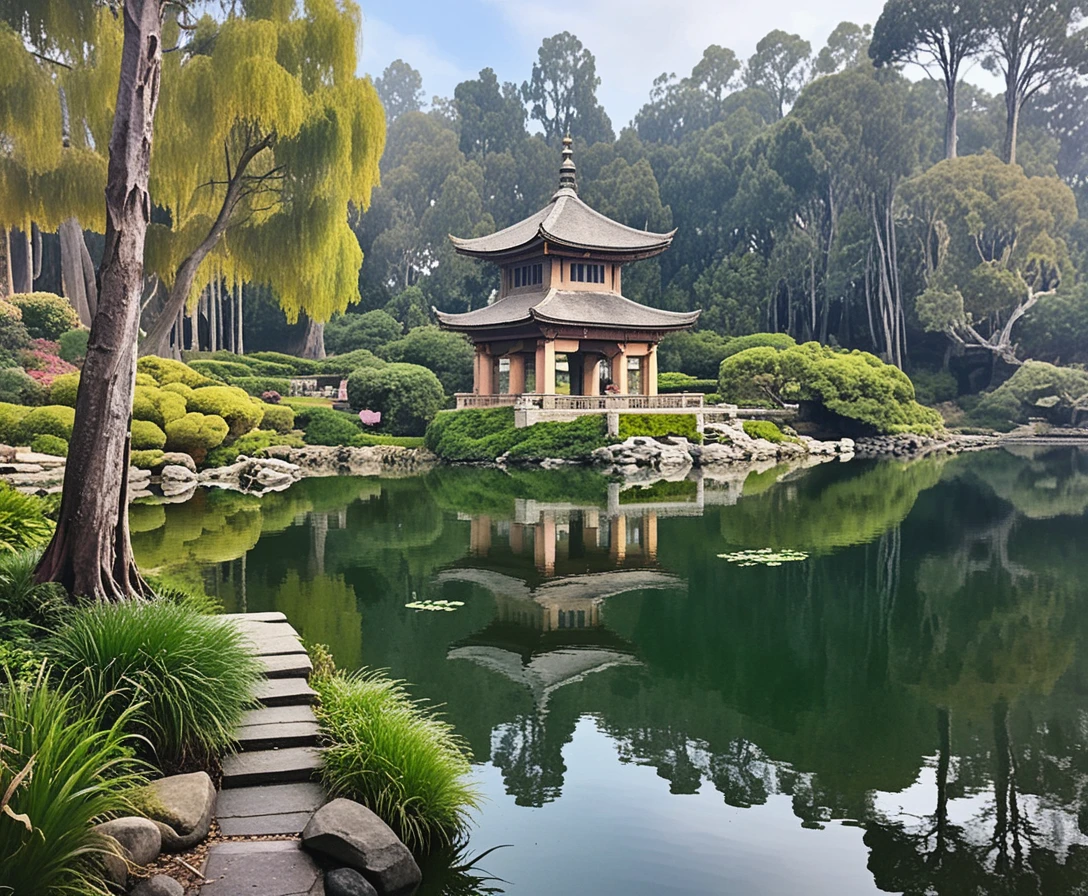 Sanctuaire paisible au bord du lac reflété dans une eau calme comme un miroir