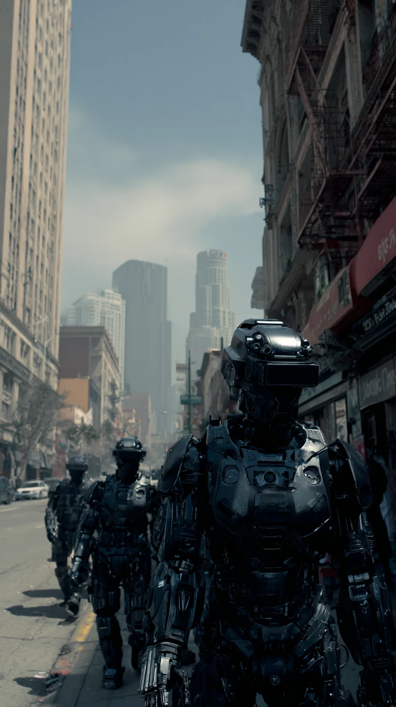 Vista cinematografica della polizia robotica in una strada distopica di Los Angeles