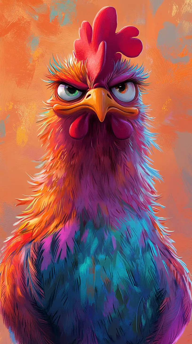 Portrait de poule duveteuse et sarcastique au visage cartoon expressif