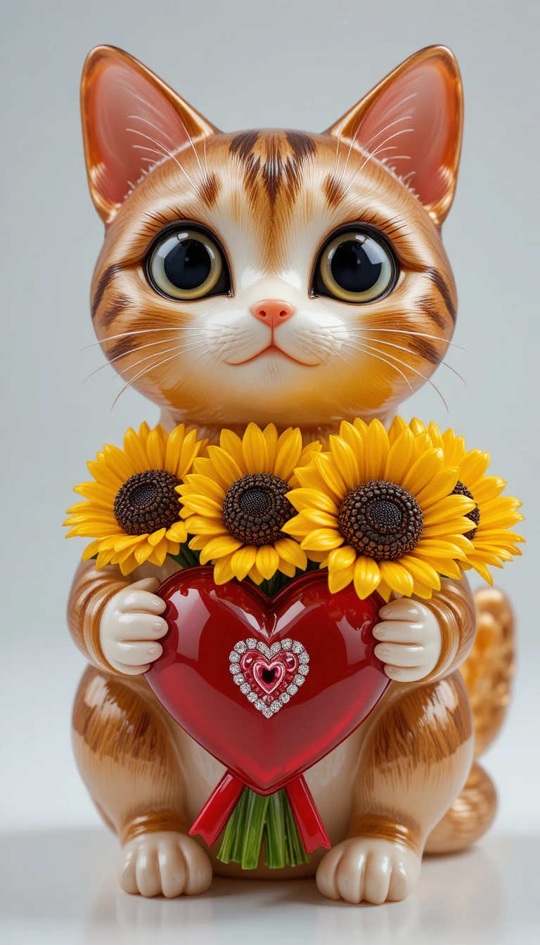 Fofa estatueta de gato de vidro com girassóis e coração vermelho