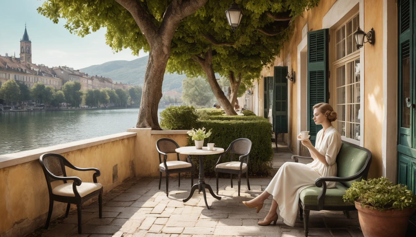 Elegant woman sipping coffee in a monochrome beauty salon