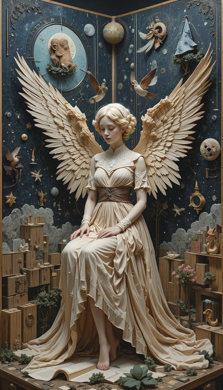 Artist creating three dimensional pop up book scenes with fabric and thread