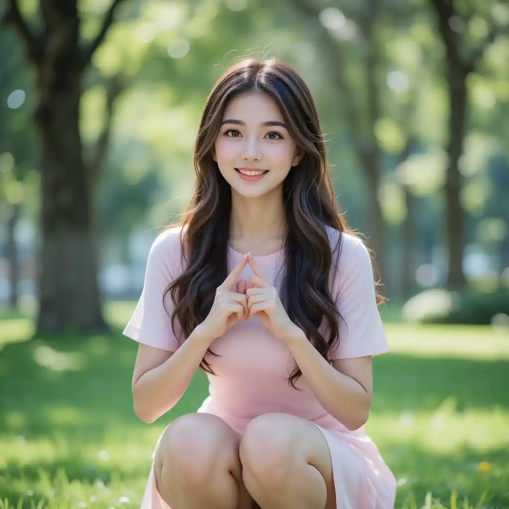 晴れた緑の公園の芝生でハートポーズをする若い女性