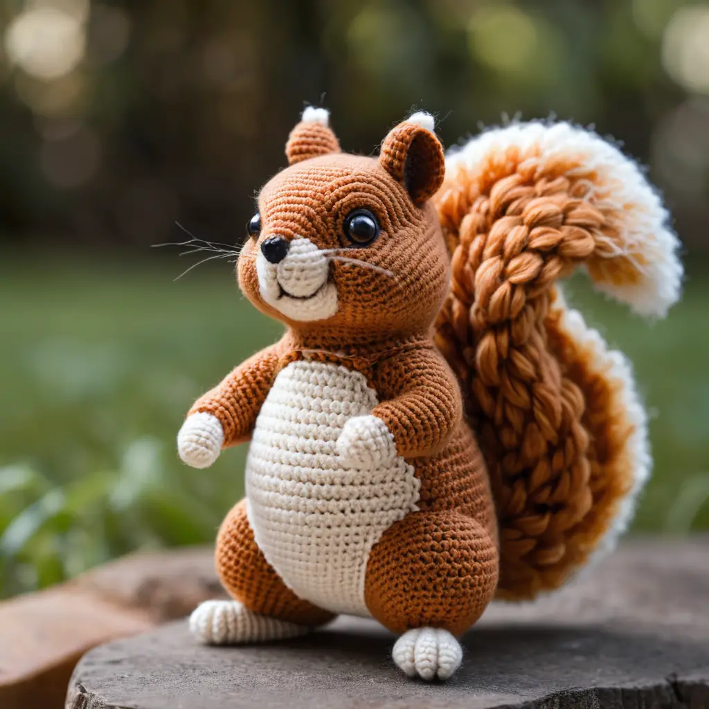 Niedriges Amigurumi-Häkel-Eichhörnchen-Plüschtier auf den Hinterbeinen