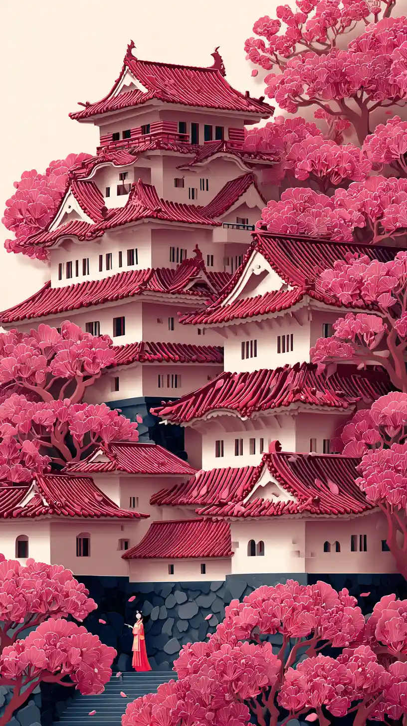 Paper art japanese castle with traditional bride