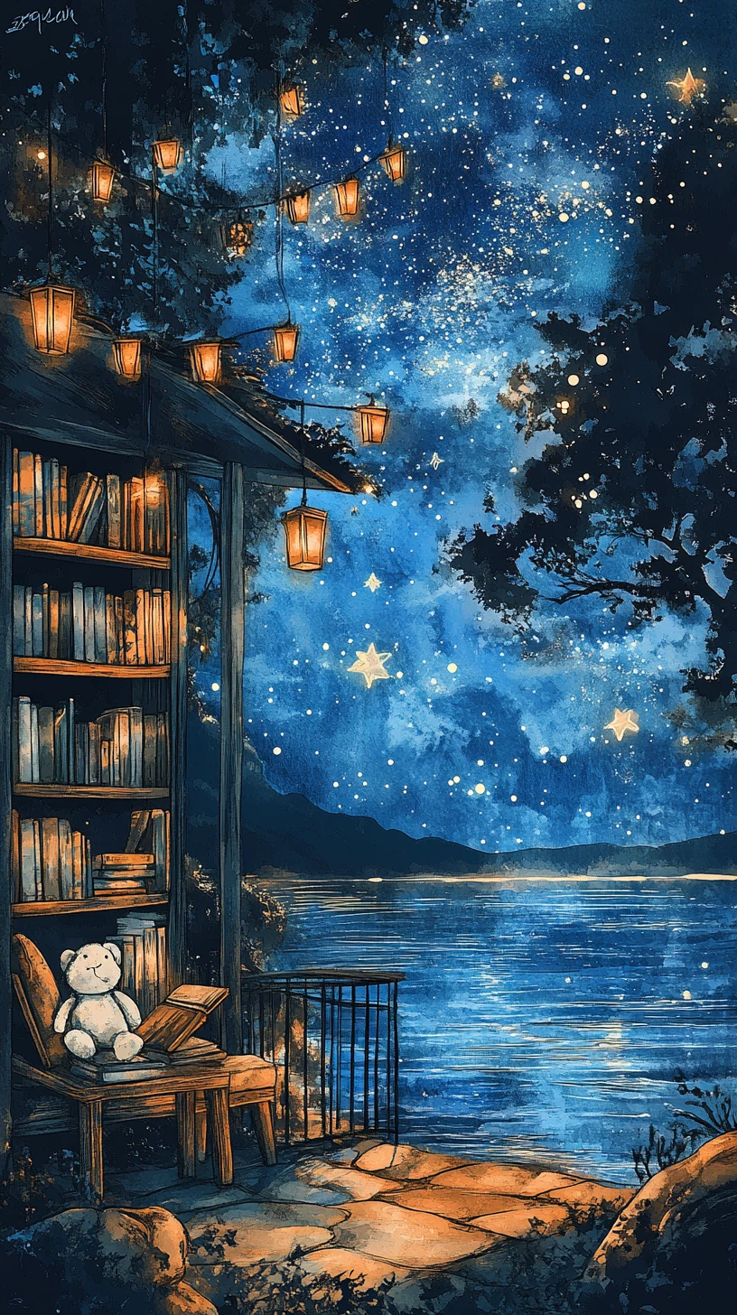 Ursinho em biblioteca na varanda sob o céu noturno estrelado