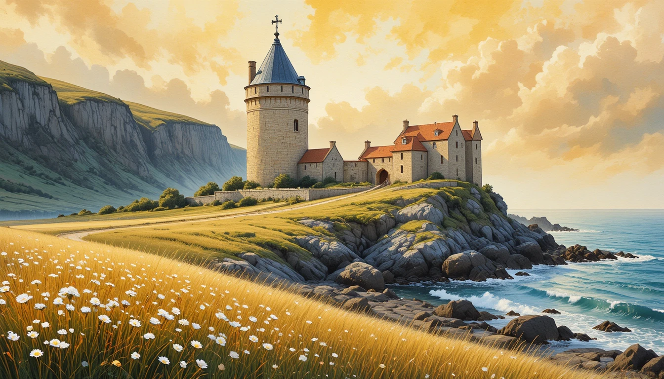 Castelo de pedra em um penhasco rochoso à beira-mar ao pôr do sol quente