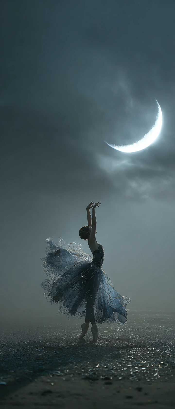 Ethereal dancer alone on a foggy twilight beach