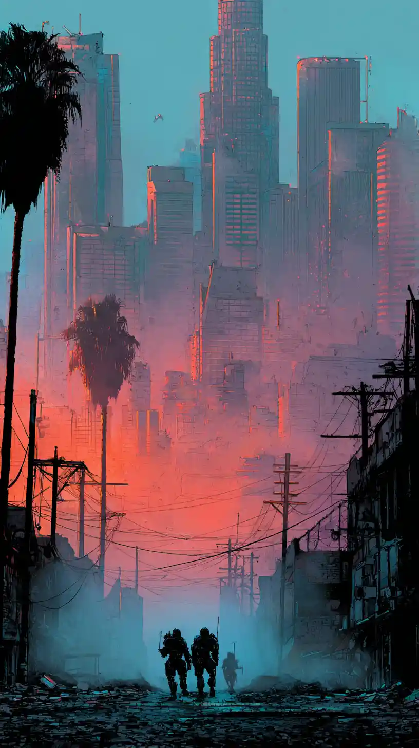 Futuristic Los Angeles divided between ruin and walled utopia