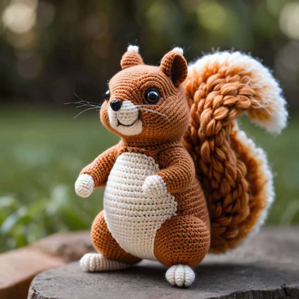 Fofo esquilo de crochê amigurumi em pé sobre as patas traseiras