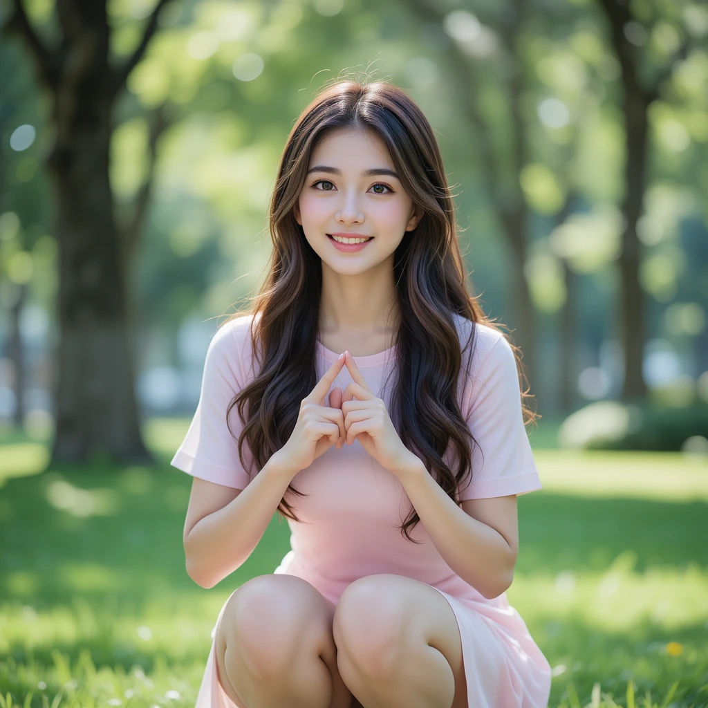 晴れた緑の公園の芝生でハートポーズをする若い女性