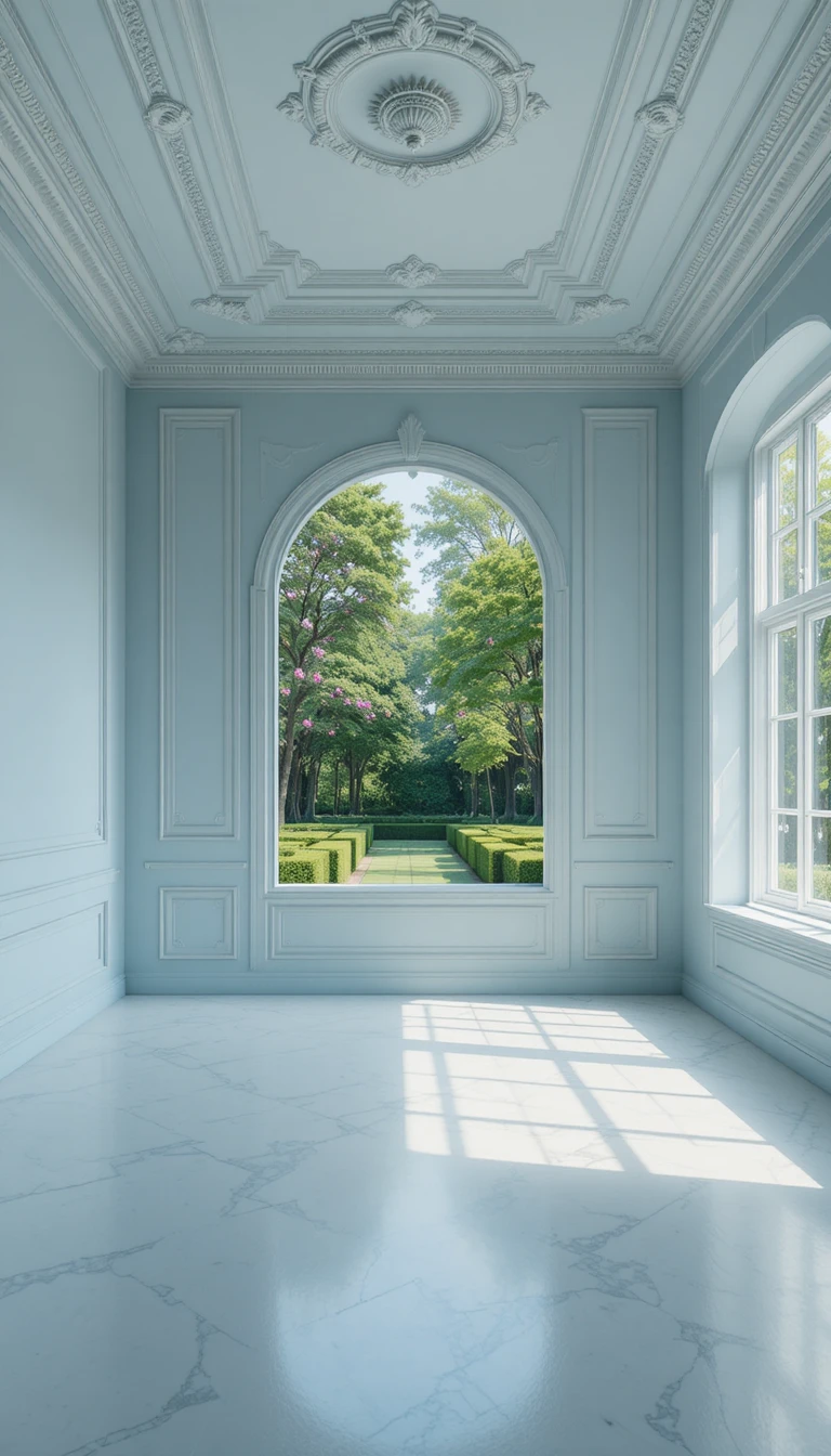 Spacious empty bedroom with soft blue walls and garden view