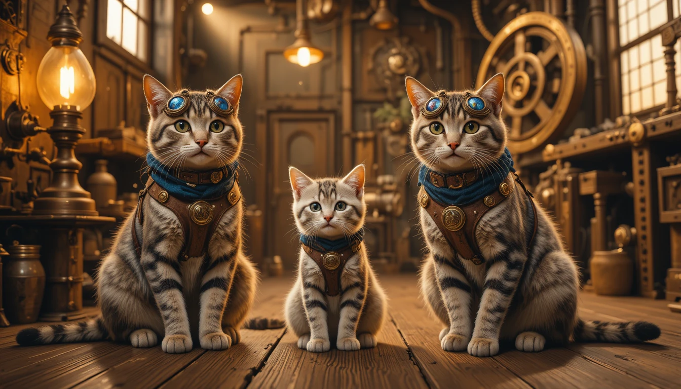 Drei Steampunk-Katzen in einer warmen Werkstatt aus Messing