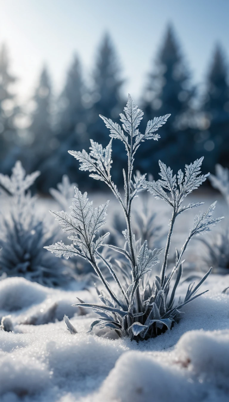 Plantes délicates couvertes de givre dans un gros plan d’hiver de rêve