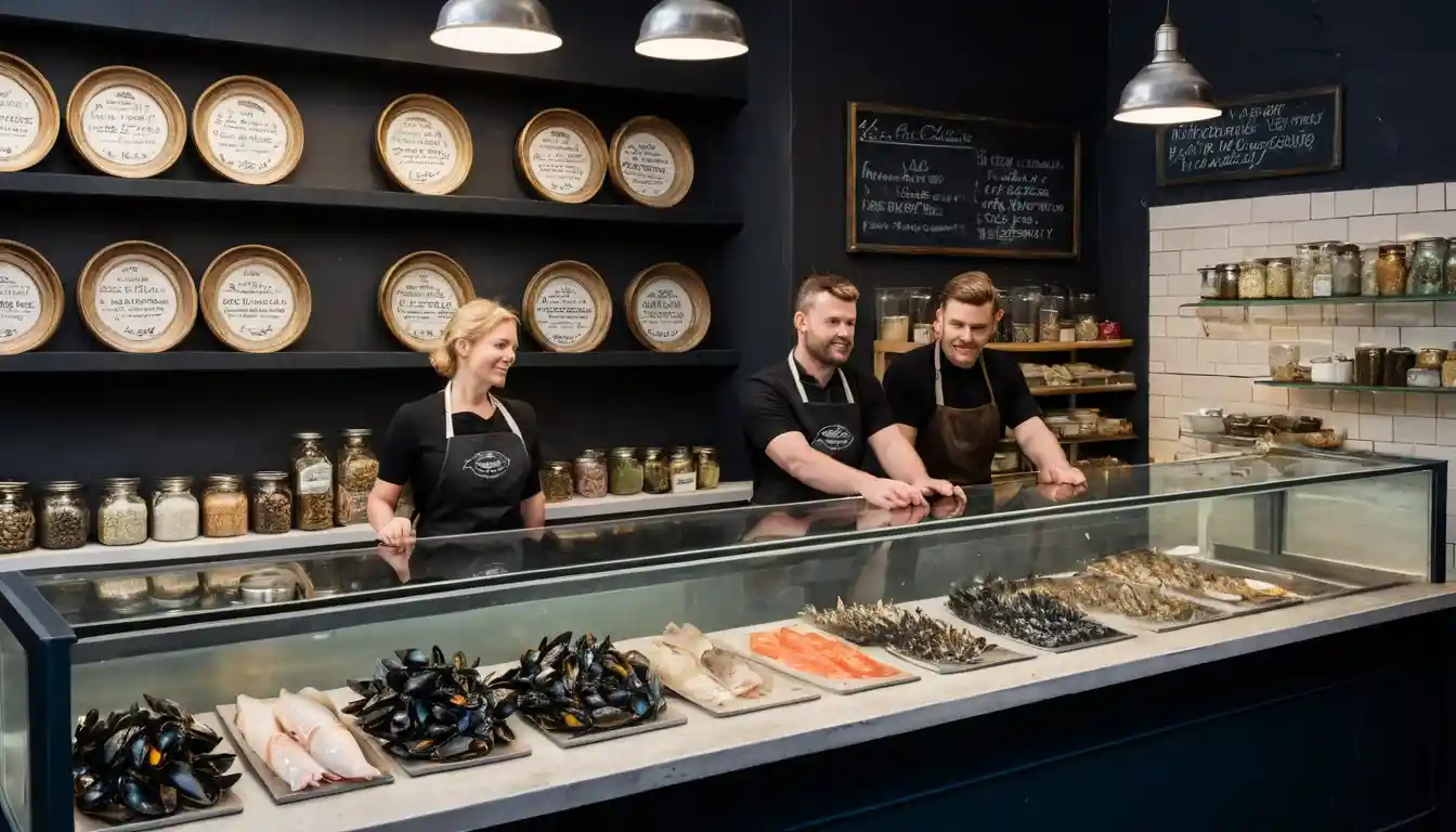 Peixaria irlandesa em miniatura em cena urbana dentro de um frasco de vidro