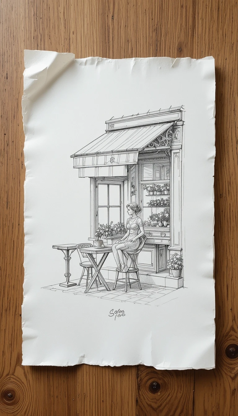 紙に描かれた夏のカフェでくつろぐ小さな女性の鉛筆スケッチ