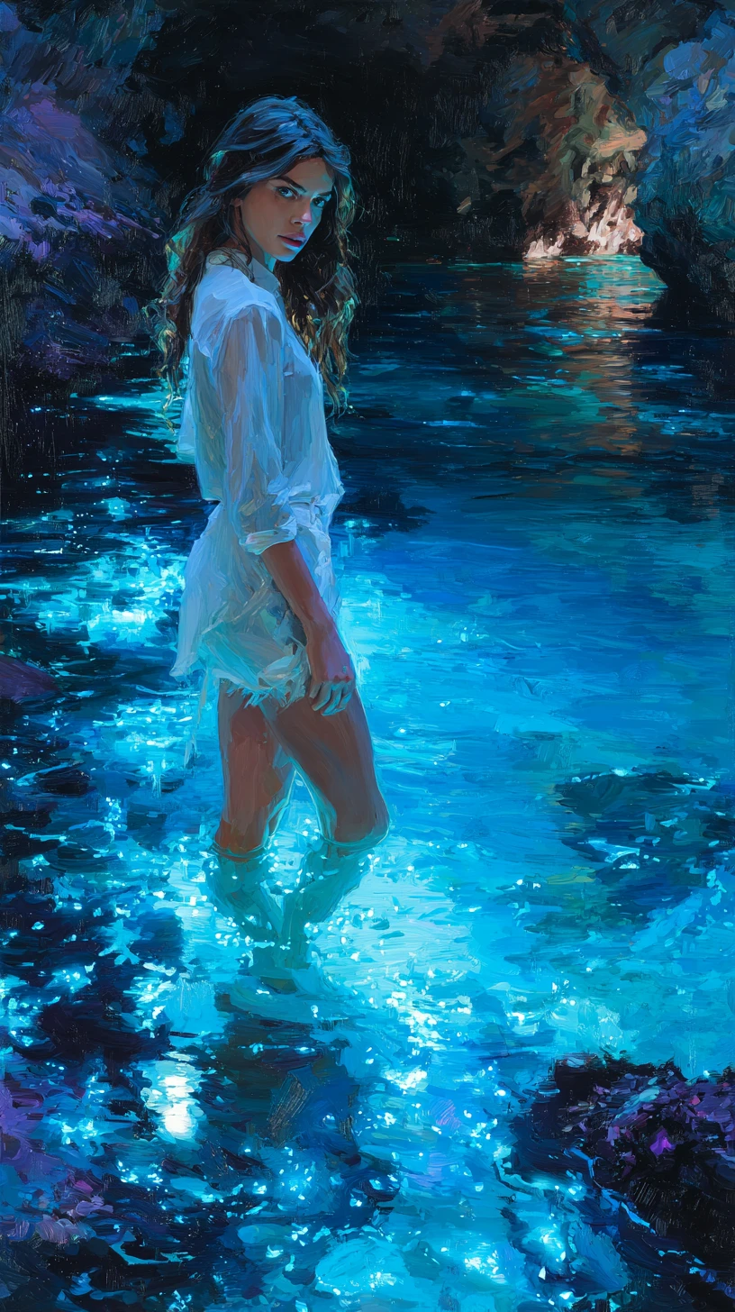 Mulher em água bioluminescente brilhante sob enseada ao luar