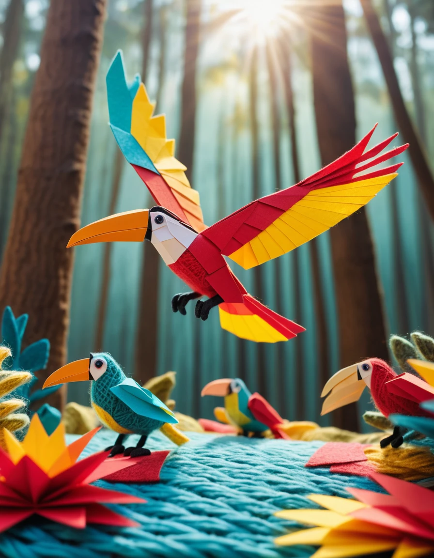 Pássaros coloridos de papel voando em uma floresta de lã