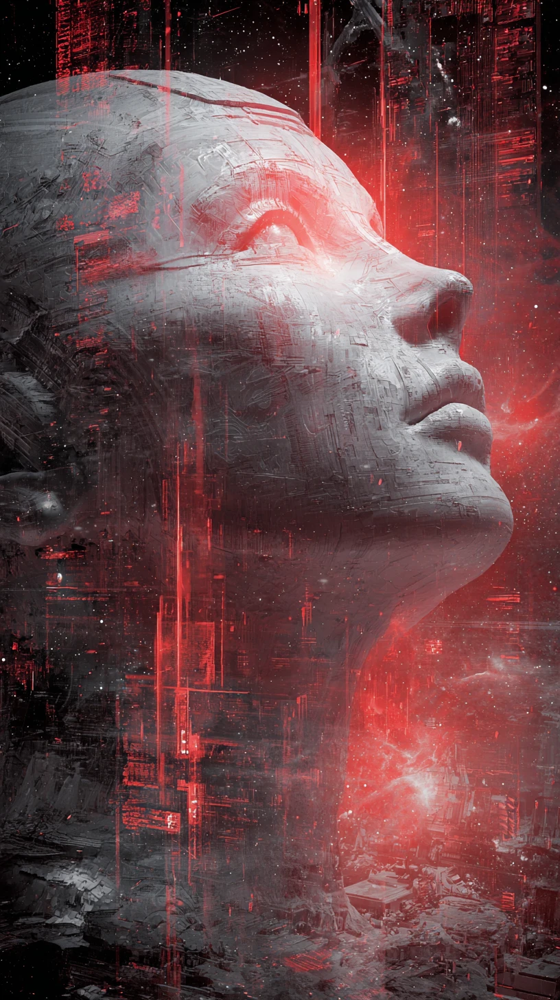 Anxious man glitching from the face in unstable space