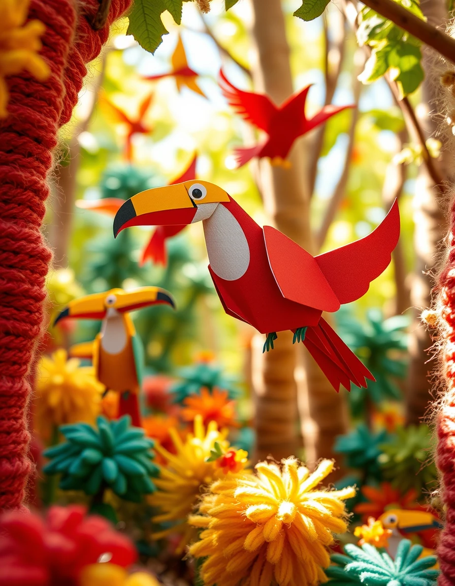 Pássaros de papel coloridos voando por uma floresta fantástica tricotada