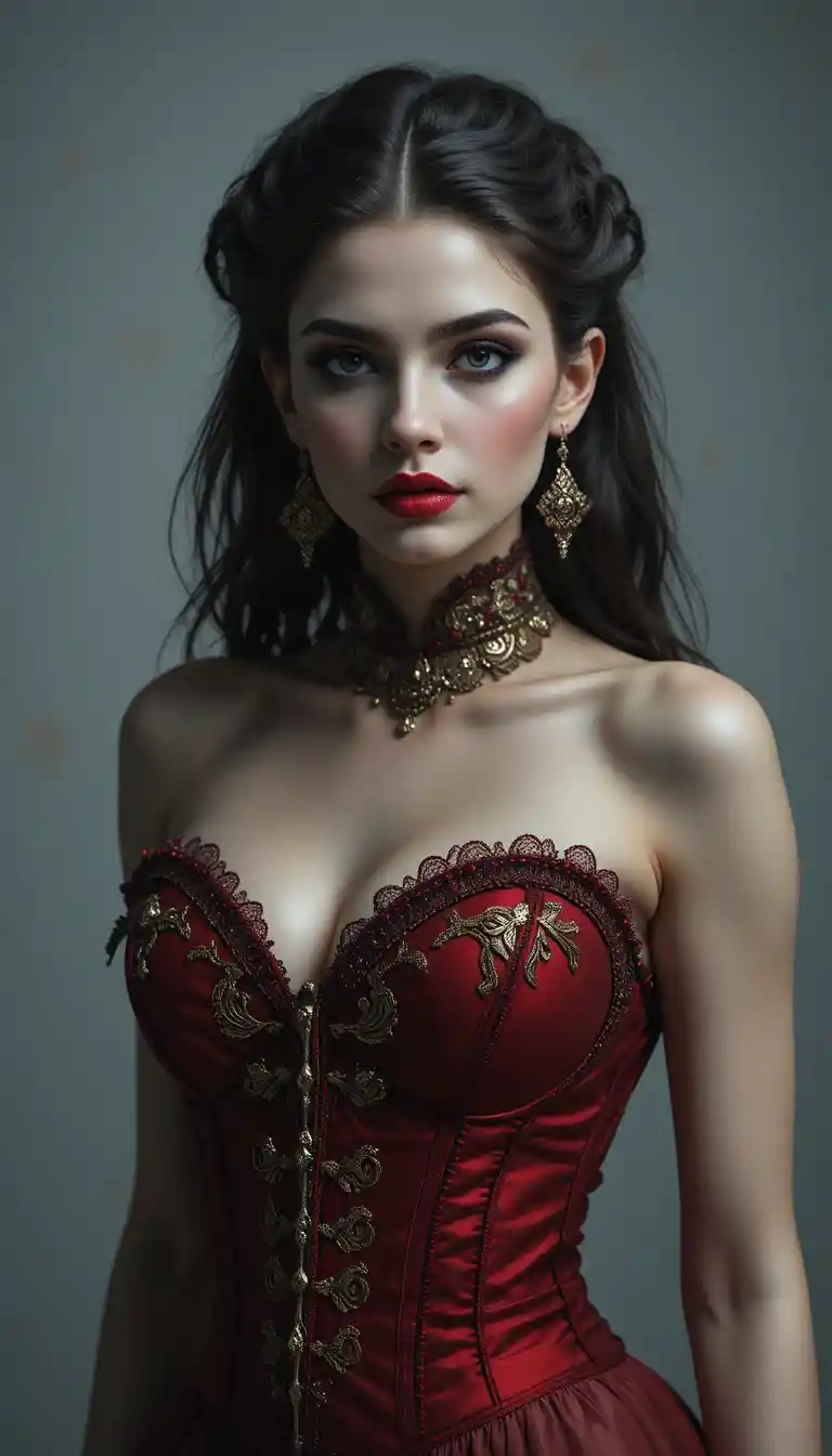 Vampire woman in scarlet corset with crimson lips