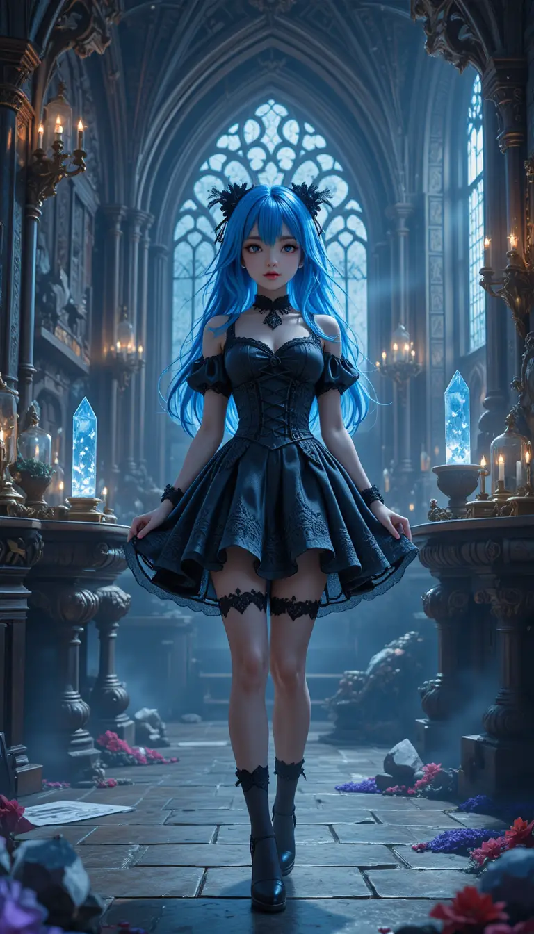 魔法の城の部屋にいるゴシックドレスのアニメ少女