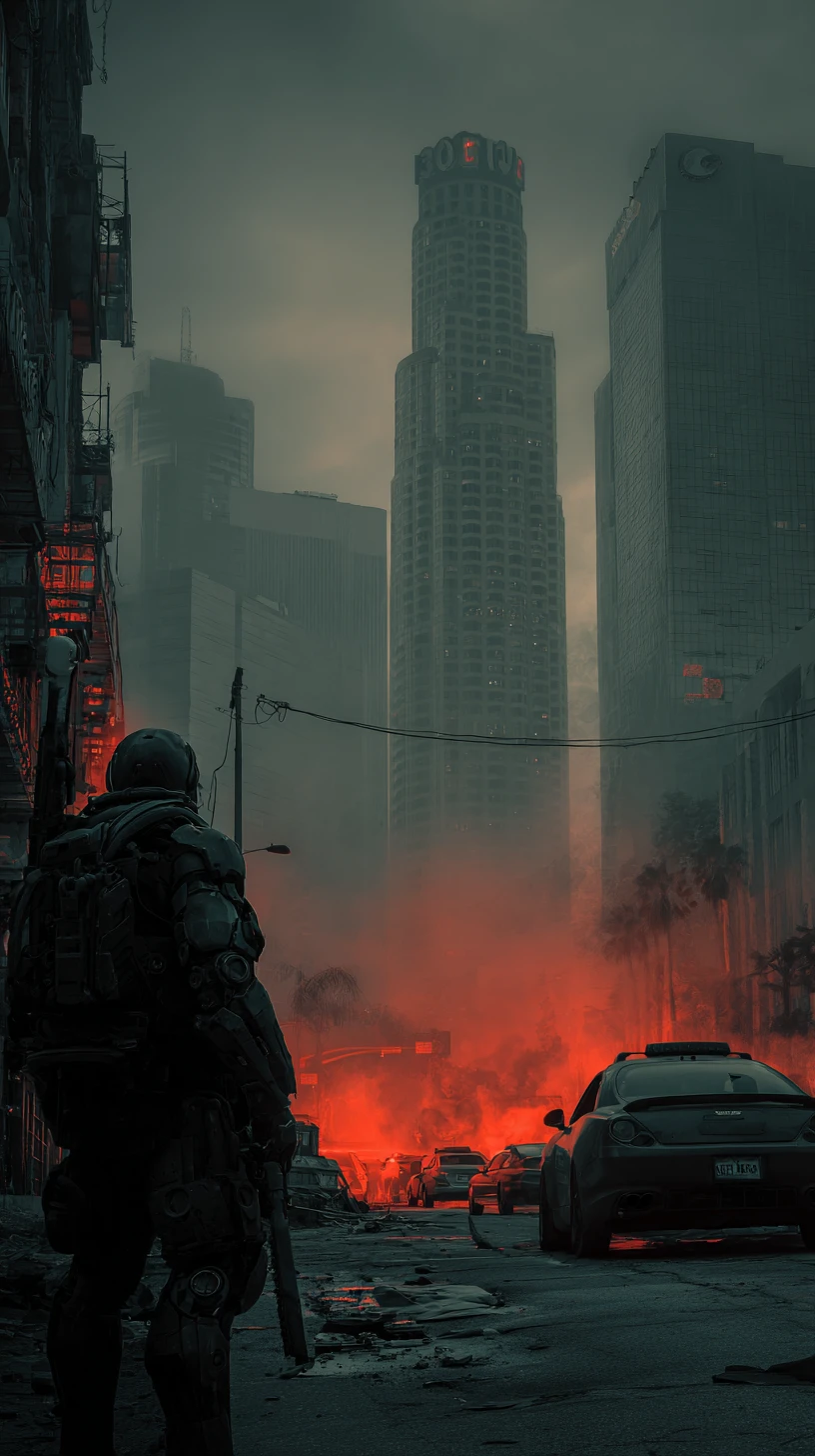 Ciborgue observando a Los Angeles futurista em um caótico cenário urbano de 2079