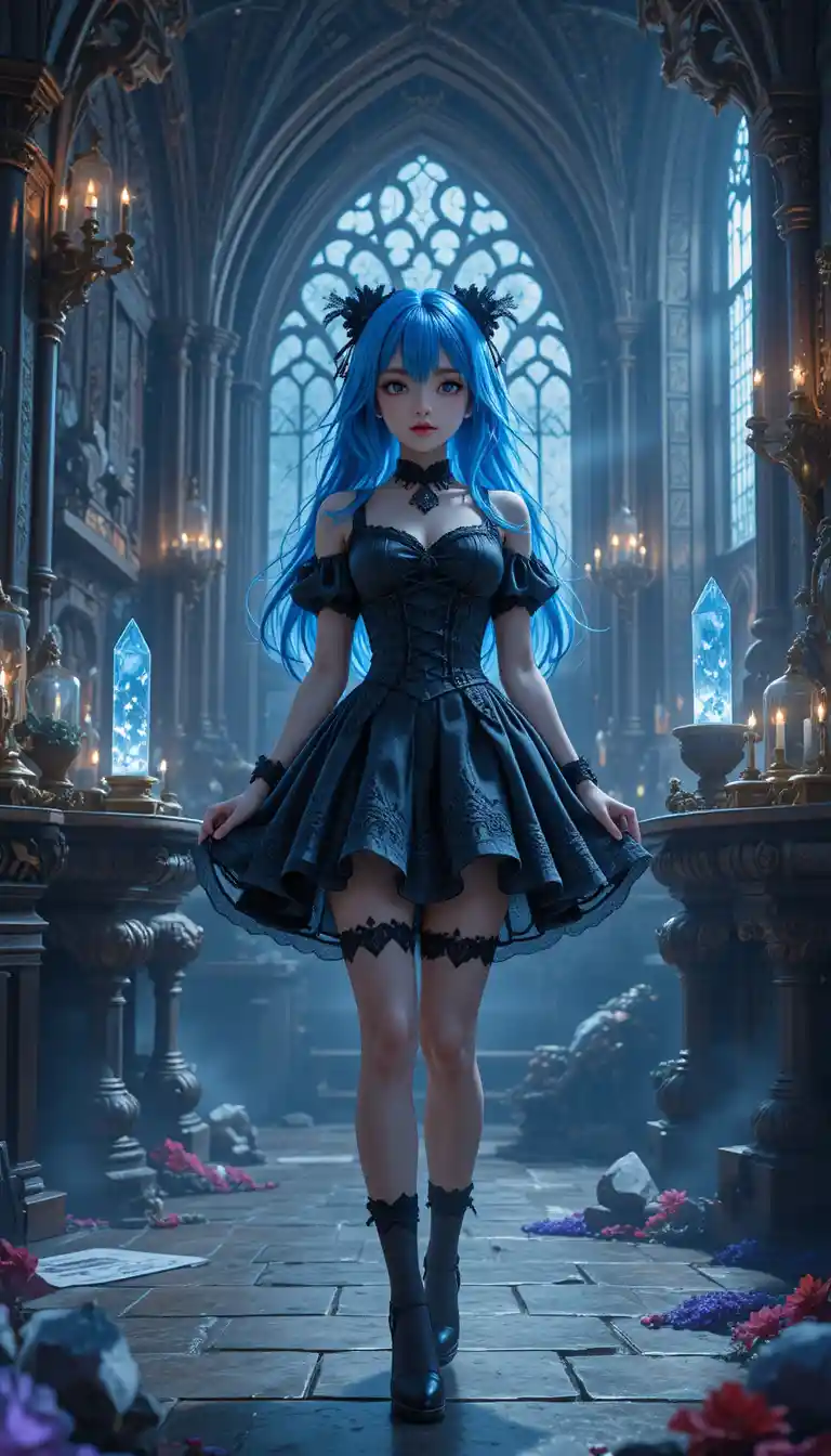 Chica de anime con vestido gótico en una habitación mágica de castillo