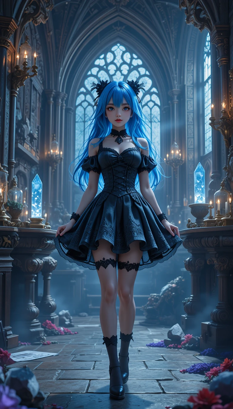 Anime girl in gothic dress in magical castle room
