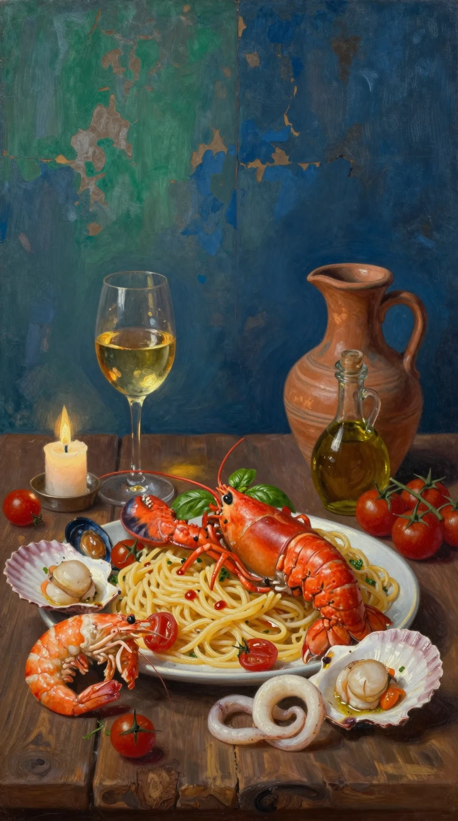 Seafood pasta feast with wine on rustic wooden table