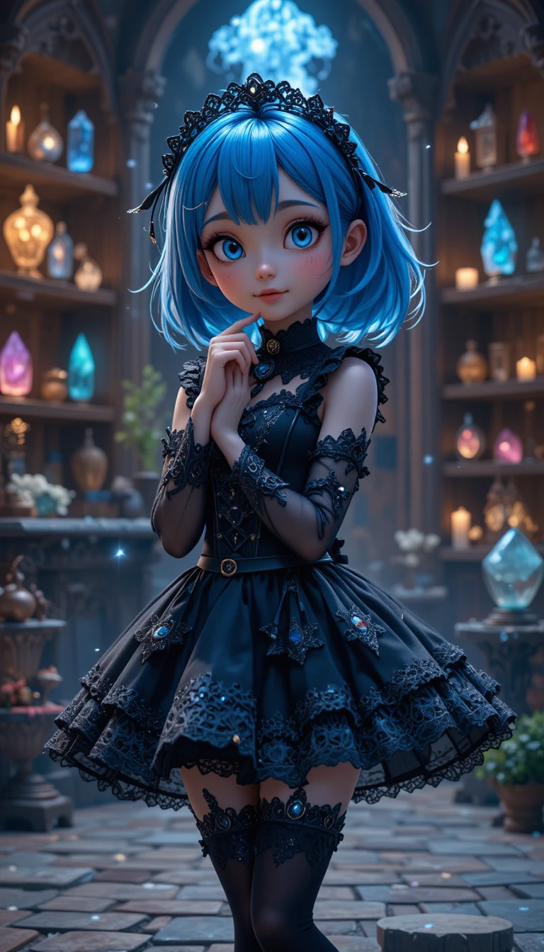 Chica de anime de pelo azul haciendo una reverencia en el interior de un castillo gótico