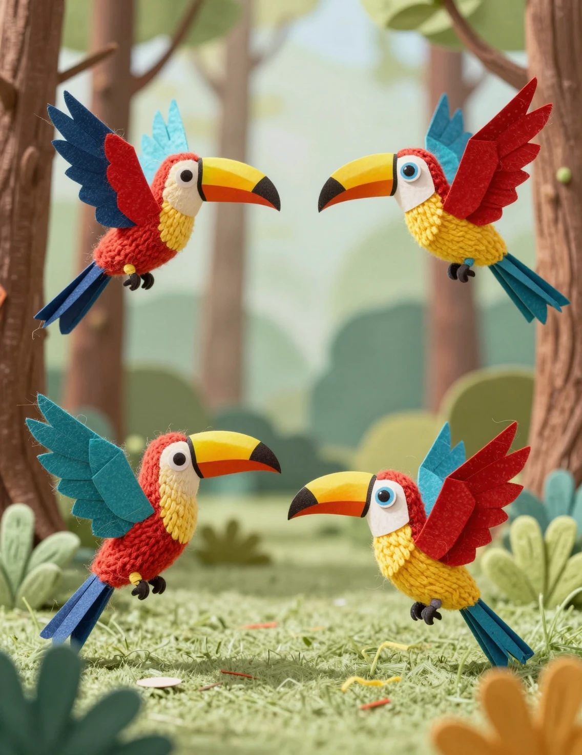 Pássaros de papel coloridos voando por uma floresta macia de tricô