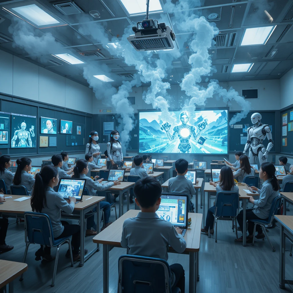 Crianças em uma sala de aula moderna com livros robóticos que se transformam